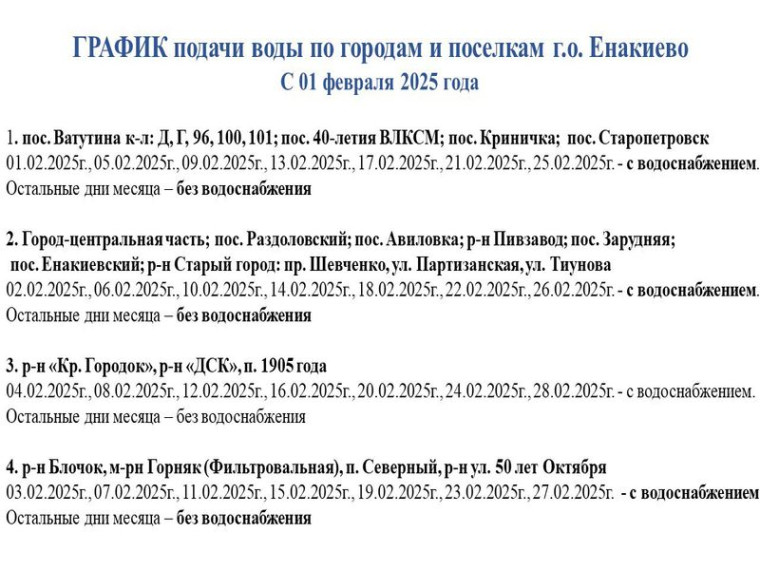График подачи водоснабжения на февраль. График подачи водоснабжения на февраль.